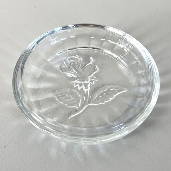 Vintage LB Italy Trinket Box Raised Rose Lid Pressed Clear Glass Vanity Jar EUC - Picture 8 of 11
